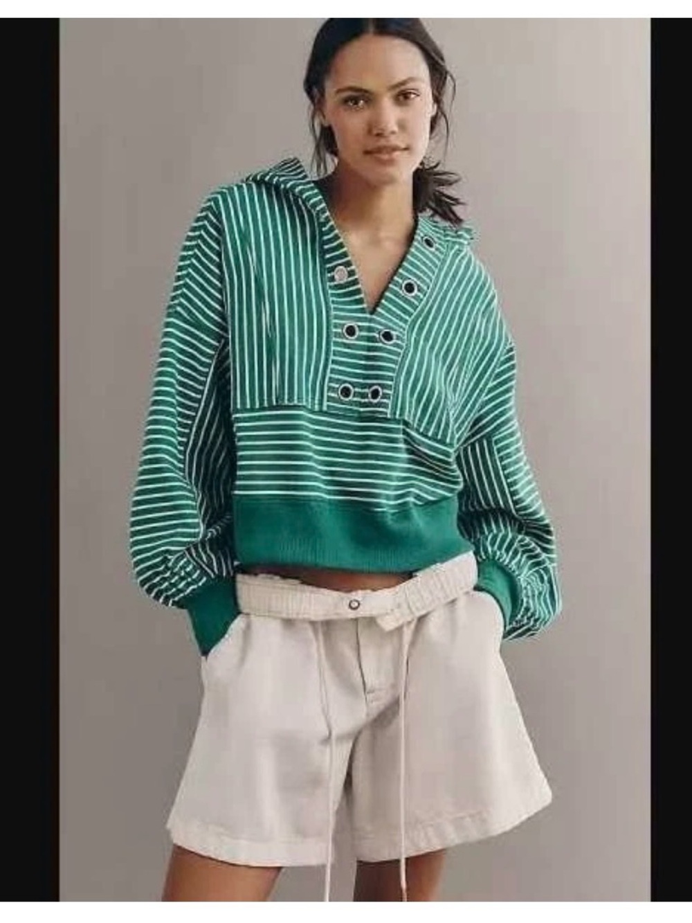 Anthropologie Green and White Striped Hooded Pullover